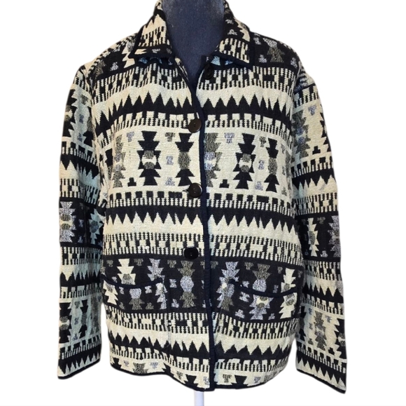 Jane Ashley Tapestry Aztec Southwest Print Cotton Black and Ivory Jacket Blazer - Picture 3 of 13
